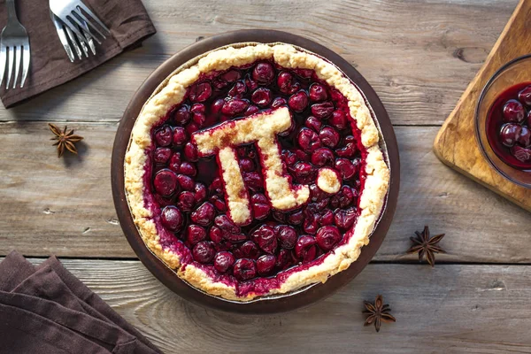 Day Cherry Pie Hjemmelavet Traditionel Kirsebærtærte Med Skilt Til Marts - Stock-foto