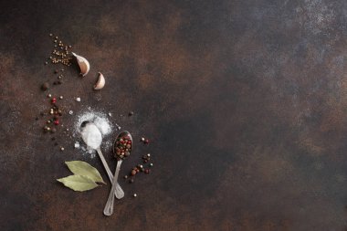 Arka plan baharat ve karanlık rustik masa, üstten görünüm, kopya alanı deniz tuzu ile yemek yiyecek. Çeşitli biber, sarımsak, defne yaprağı, kişniş, tuz - baharat ürün çeşitliliği.