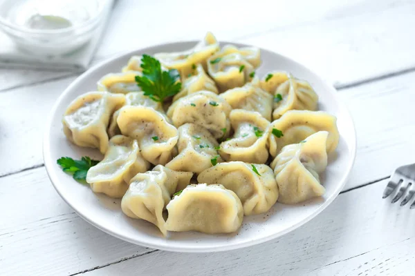 Homemade Meat Dumplings Sour Cream White Table Top View Fresh — Stock Photo, Image