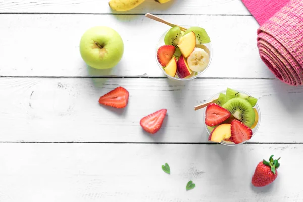 Feminine Sport Healthy Lifestyle Concept Pink Yoga Mat Fruit Berries — Stock Photo, Image