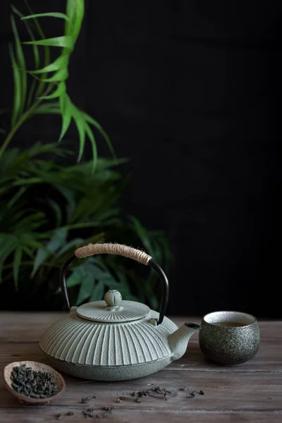 Teapot Teacups Black Background Copy Space Traditional Asian Arrangement Tea — Stock Photo, Image