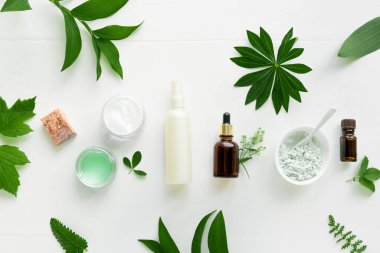 Beyaz arka planda doğal kozmetik ve yeşil yapraklar, üst manzara, düz yatak. Doğal organik cilt bakımı, biyolojik araştırma ve sağlıklı yaşam tarzı konsepti..