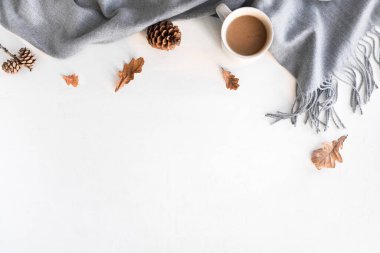 Gri sıcak battaniye ve bir fincan kahveyle sonbahar kompozisyonu. Yumuşak ekose, kahve, yaprak ve koni ile mevsimsel sonbahar samimiyeti. Beyaz arkaplandaki rahat ev ve hygge konsepti, boşluğu kopyala.