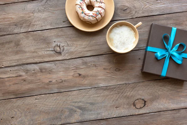 Morning Coffee Donut Gift Box Wooden Desk Top View Copy — Stock Photo, Image