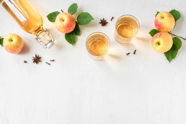 Elma şarabı ya da mayalanmış meyve suyu ve organik elmalar beyaz, üst manzara, kopyalama alanı. Baharatlı ev yapımı elma suyu tarifi..