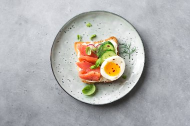 Krem peynirli, yumuşak yumurtalı, sebzeli ve sebzeli sağlıklı açık somon sandviçi. Kahvaltı ya da brunch için lezzetli protein balıklı sandviç, üst manzara, kopyalama alanı.