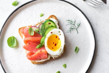 Krem peynirli, yumuşak yumurtalı, sebzeli ve sebzeli sağlıklı açık somon sandviçi. Kahvaltı ya da brunch için lezzetli protein balıklı sandviç, üst manzara, kopyalama alanı.