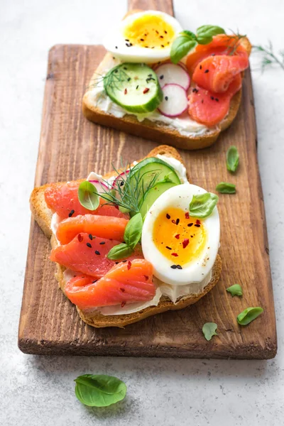 Healthy Open Salmon Sandwich Cream Cheese Soft Egg Veggies Greens — Stock Photo, Image