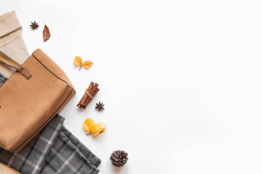 Sonbahar giysileri seti, sonbahar yaprakları beyaz, üst görünüm, kopyalama alanı. Şık ve rahat mevsimlik kadın kıyafeti.