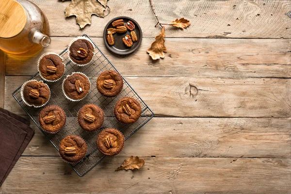 Autumn Breakfast Homemade Pumpkin Spice Muffins Pecan Nuts Top View — Stock Photo, Image