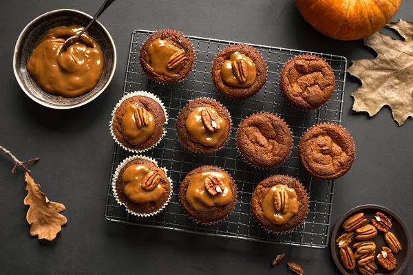 Autumn Baking Concept Homemade Pumpkin Spice Muffins Salted Caramel Pecan — Stock Photo, Image