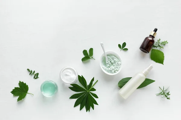 Natuurlijke Cosmetica Groene Bladeren Witte Achtergrond Bovenaanzicht Kopieerruimte Natuurlijke Biologische — Stockfoto