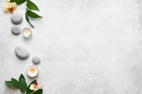 Spa Concept White Stone Background Tropical Leaves Flowers Candle Zen — Stock Photo, Image