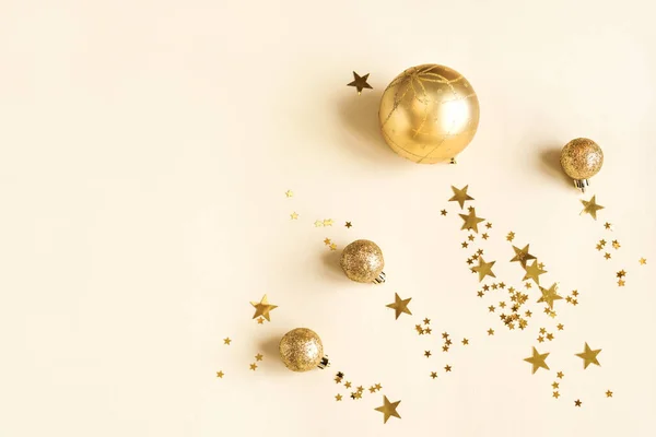 Christmas Composition Golden Balls Stars Golden Festive Background Top View — Stock Photo, Image