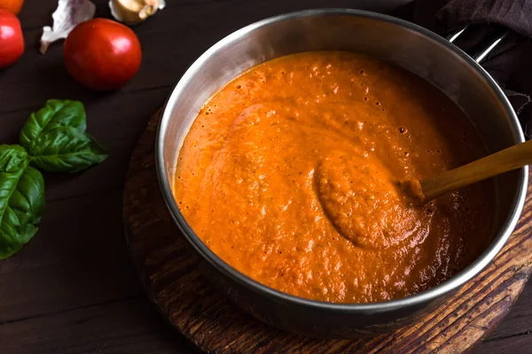 Sauce Tomate Maison Dans Une Casserole Les Ingrédients Referment Faire — Photo