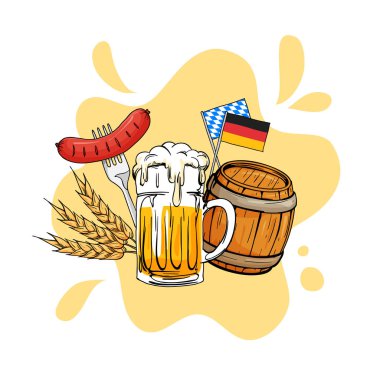 Oktoberfest el vektör çizim çekilmiş. Vintage eski stil tasarımı ile Münih bira festivali kavramı. Cam bira bardağı varil, sosis, tahıl, poster, afiş, logo, Almanya bayrağı öğesi ile rozet