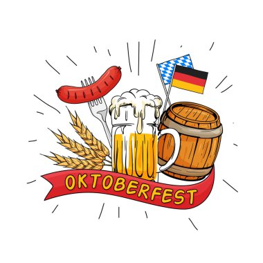 Oktoberfest el vektör çizim çekilmiş. Vintage eski stil tasarımı ile Münih bira festivali kavramı. Cam bira bardağı varil, sosis, tahıl, Almanya bayrağı, poster, afiş, logo için şerit öğesi ile