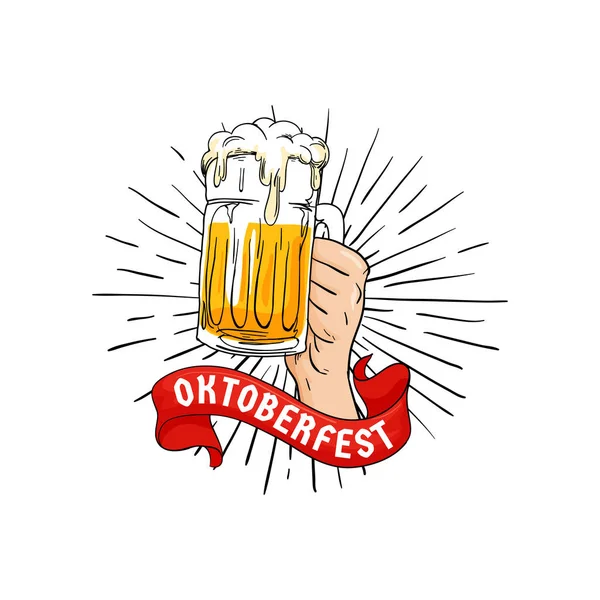 Χέρι Που Κρατά Γεμάτο Ποτήρι Μπύρα Εικονογράφηση Κορδέλα Oktoberfest Μόναχο — Διανυσματικό Αρχείο