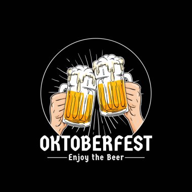 Ayı kızartma logo rozet dolu bardak holding iki eller. Oktoberfest Münih bira festivali kavramı. Retro tarzı eski el ile Bavyera bayrak deseni ve şerit vektör tasarımı çizilen illüstrasyon.