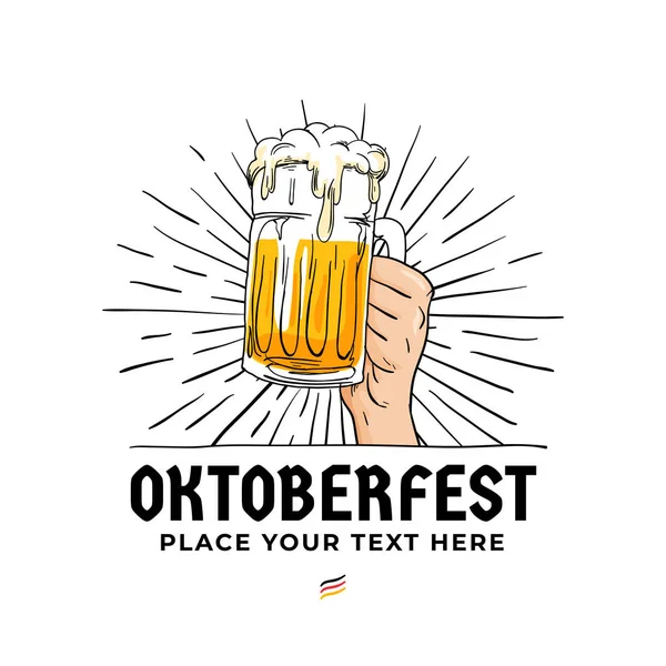 Oktoberfest Main Tenant Badge Logo Bière Vintage Ancien Style Dessiné — Image vectorielle