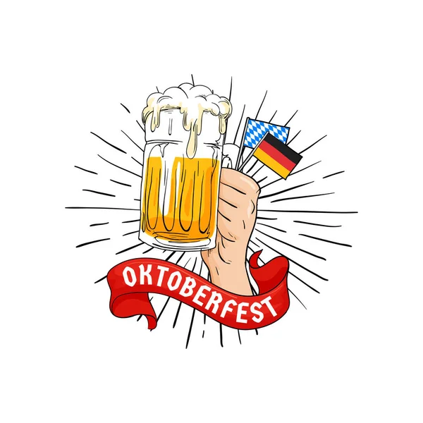手捧满杯啤酒和巴伐利亚 德国国旗插图 慕尼黑啤酒节的概念为海报 广告设计 老式旧样式向量 — 图库矢量图片