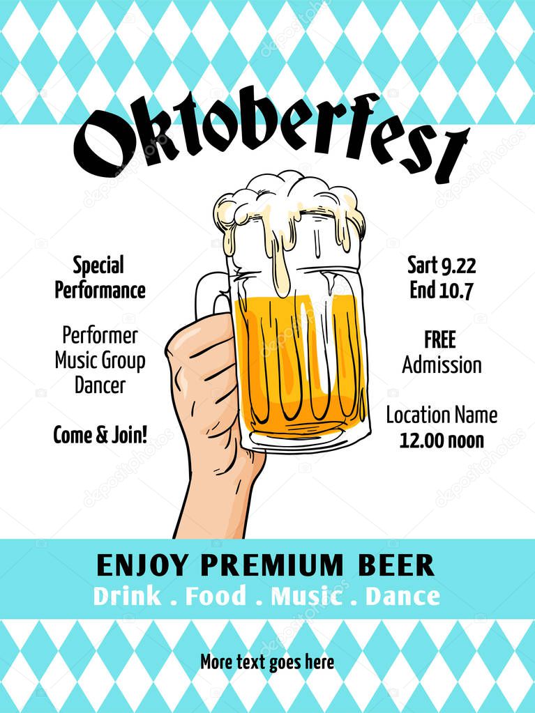 Oktoberfest poster vector. Munich beer festival flyer template. Retro style design with bavaria flag background, hand drawn full glass mug beer illustration. Banner, label, invitation vector.