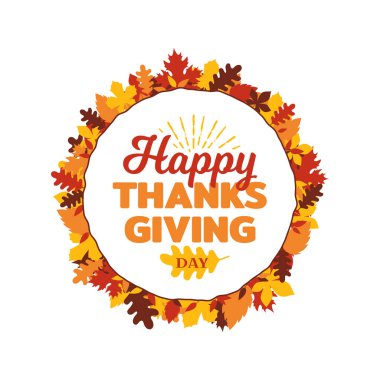 Mutlu Şükran günü tipografi ile sonbahar sonbahar süsleme çerçeve bırakır. Logo, rozet, etiket, banner, etiket, kart vektör çizim tasarım