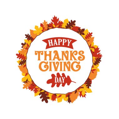 Mutlu Şükran günü tipografi ile sonbahar sonbahar süsleme çerçeve bırakır. Logo, rozet, etiket, banner, etiket, kart vektör çizim tasarım