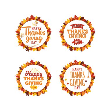 Mutlu Şükran günleri tipografi metin ile sonbahar sonbahar dizi çerçeve süsleme bırakır. Logo, simge, afiş, rozet, etiket vektör tasarımı.