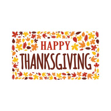 Mutlu Şükran günü tipografi dolu sonbahar sonbahar süsleme dekorasyon bırakır. Etiket, logo, rozet, poster, afiş, kart vektör çizim tasarım.