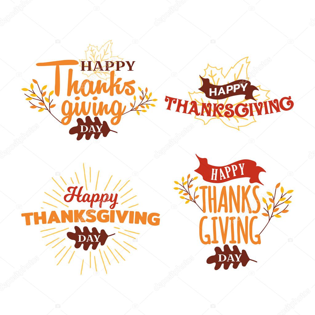 Set of happy thanksgiving day typography with autumn fall twigs tree illustration. Logo, badge, sticker, banner, card vector design.