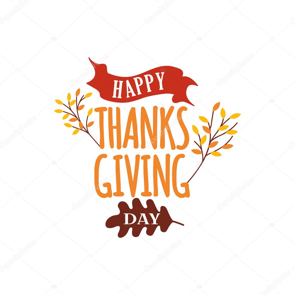 Happy thanksgiving day text vector with autumn fall tree illustration. Logo, badge sticker, label, card, banner, poster vector design.