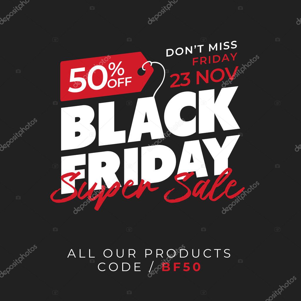 50% off black friday super sale banner background. online shop flyer promotion template design. vector illustration.
