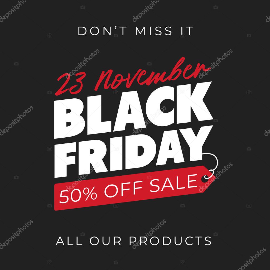 Black friday 50% super sale banner background. online shop flyer promotion template design. vector illustration.