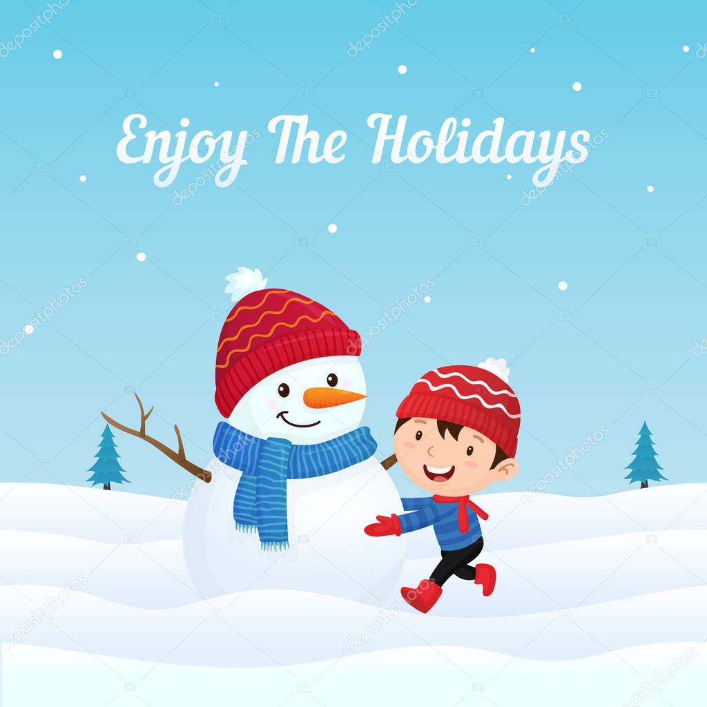 happy boy kid enjoy making big dressed cute snowman in winter season background vector illustration. Holiday greeting card, banner, poster, template