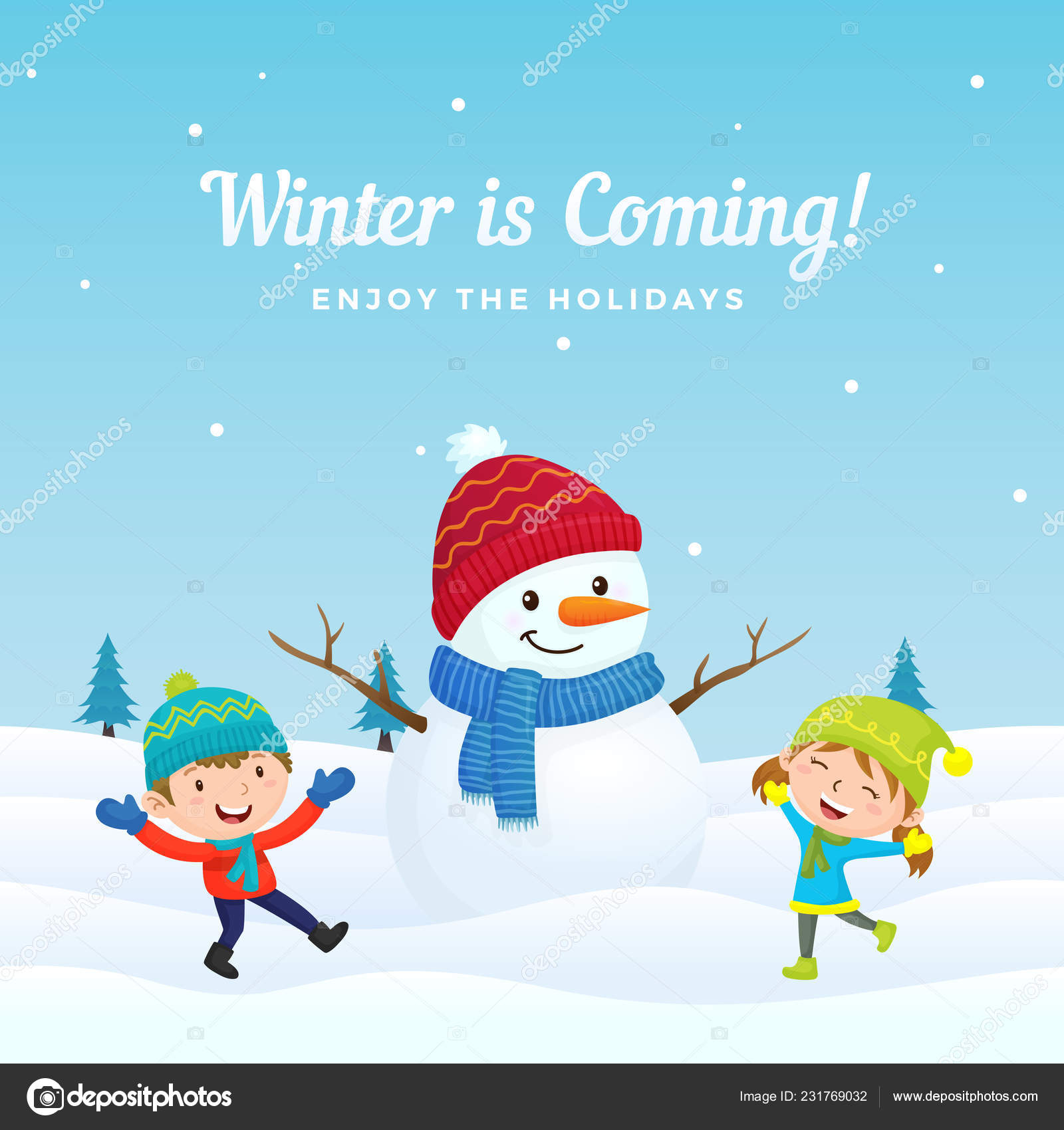 Happy Kids Jump Enjoy Playing Big Cute Dressed Snowman Winter Stock Vector  by ©mnaufal 231769032, image size:1600x1700