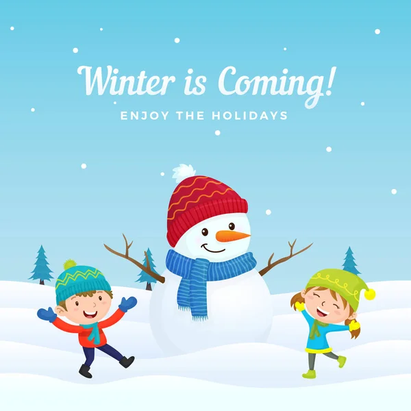 Happy Kids Jump Enjoy Playing Big Cute Dressed Snowman Winter — Stock Vector