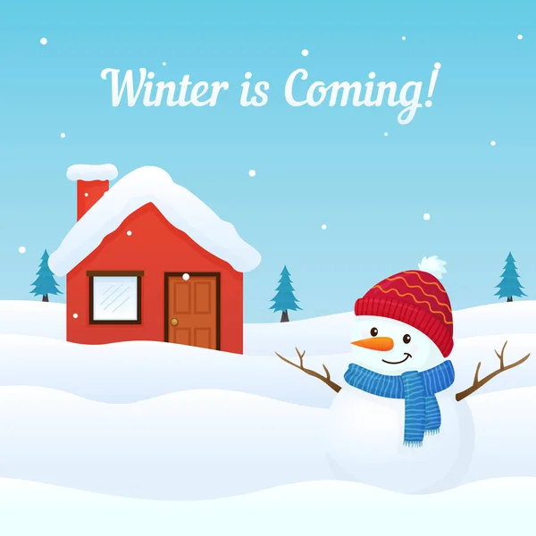 Tél Jön Háttér Vector Aranyos Öltözött Hóember Havas Ház Illusztráció — Stock Vector