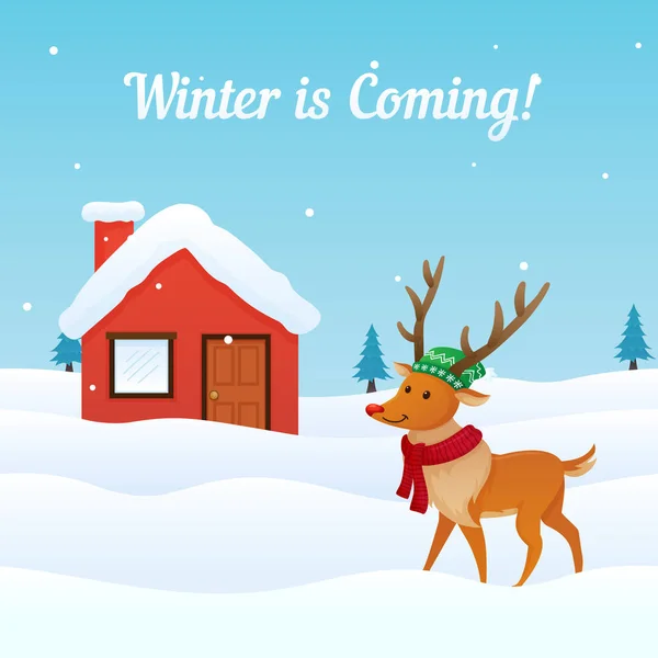 Winter Coming Background Vector Cute Dressed Reindeer Front Snowy House — Stock Vector