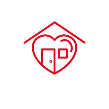 Ev kapısı, pencere ve çatı Simgesi ile Aşk. Basit Kalp İllüstrasyon Çizgi Stil Logo Şablon Tasarımı.