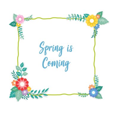 Bahar çerçeve buket çiçek aranjmanı ve yaprak süsleme metin geliyor.