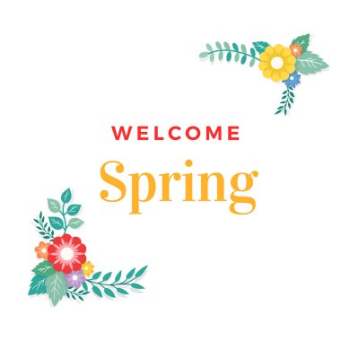 Hoşgeldiniz bahar metin çerçevesi yaprak süsleme ve buket çiçek aranjmanı ile