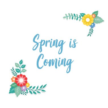 Bahar çerçeve buket çiçek aranjmanı ve yaprak süsleme metin geliyor.