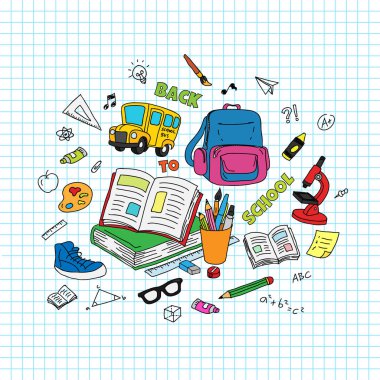 Okul metne geri. Okul ve malzeme Eğitim Kılavuzu Kağıt arka plan ile doodle