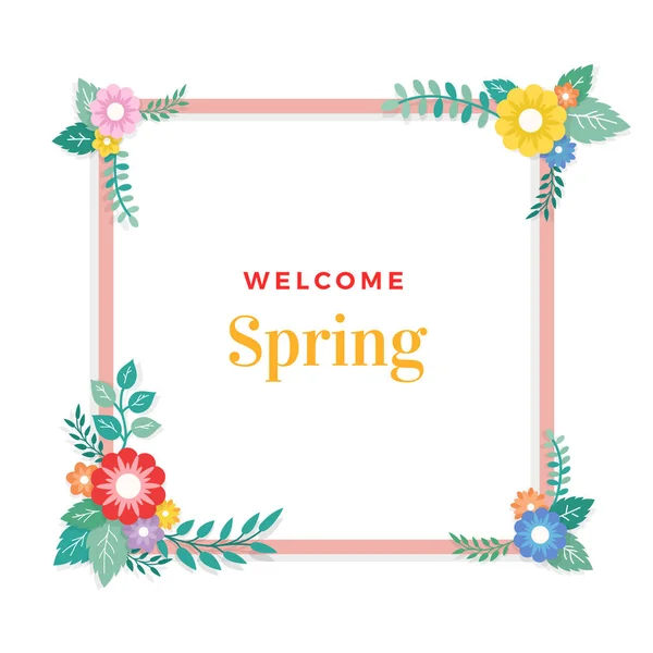 Witamy Wiosnę Tekst Ramą Bukiet Kwiatów Liść Ornament — Wektor stockowy