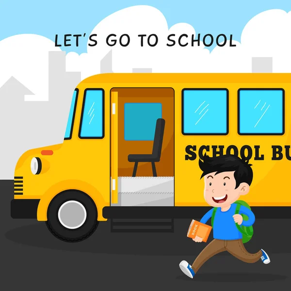 Estudante Feliz Para Escola Com Ônibus Porta Aberta Escola Ônibus — Vetor de Stock
