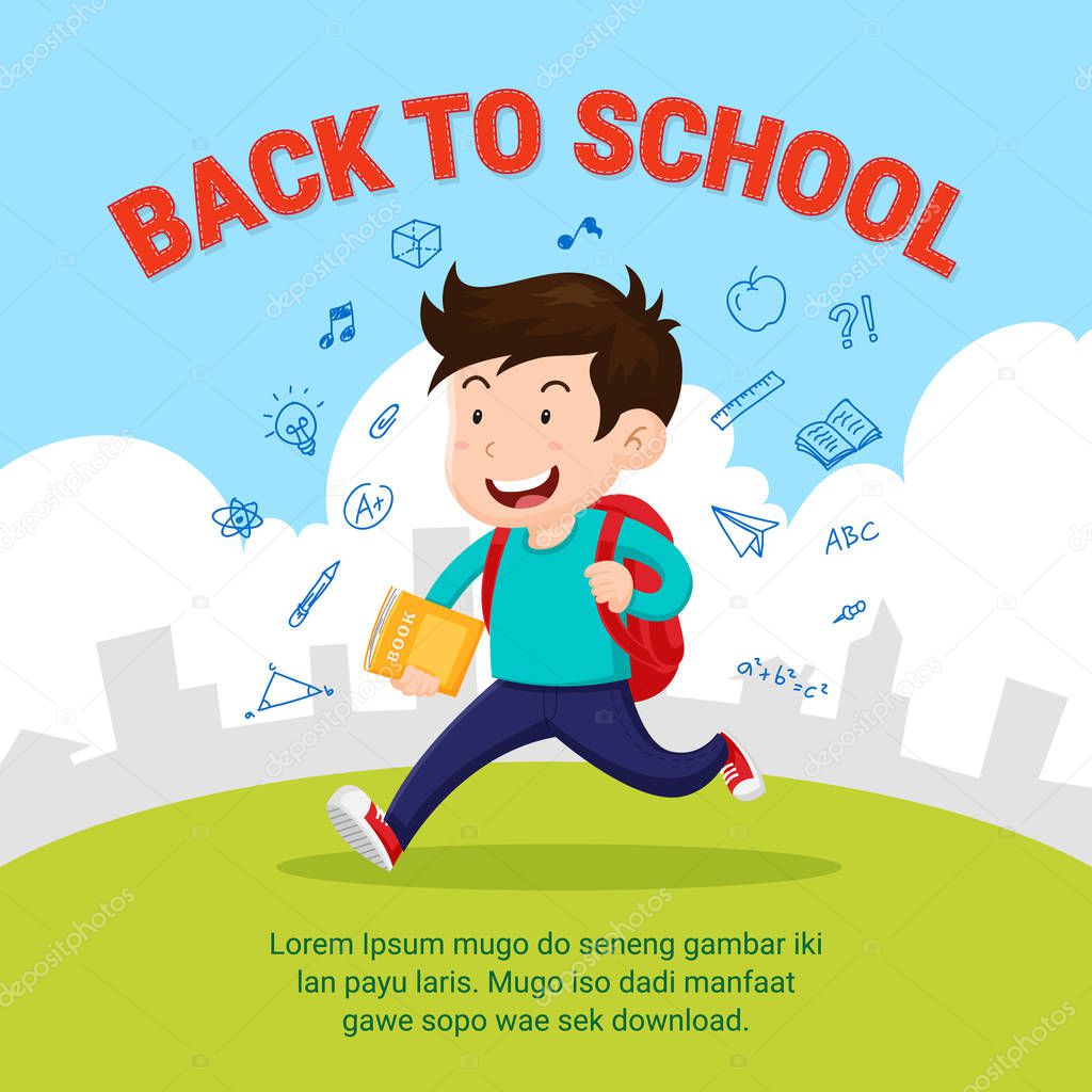 Happy student go to school. Back to school flat style illustration with school activity doodle.