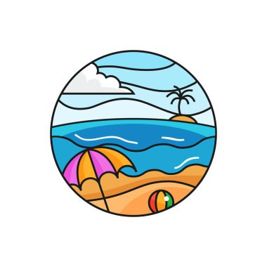 Bach logo rozet. güneşli havalarda plaj tatil sahne illüstrasyon çember çerçeve ile. Basit düz çizgi film tarzı vektör tasarımı.