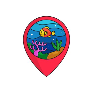 Deniz haritası pin bulucu logo rozeti altında. Sualtı dalışı için sualtı manzarası açık aktivite konsepti. balık, mercan ve deniz bitki illüstrasyon. basit düz karikatür tarzı vektör tasarımı.
