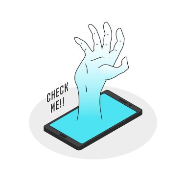 ekran dışında el ile akıllı telefon yerleştirilir ve beni metin kontrol edin. telefon hücre bağımlılığı illüstrasyon kavramı. izometrik vektör tasarımı.